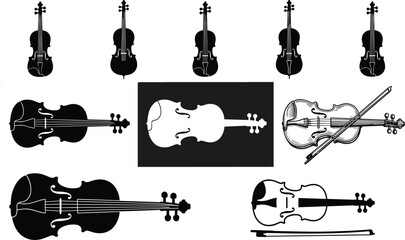 Violin and cello vector set musical instruments silhouette collection detailed engraving icons pack isolated on white background © MdShoriful