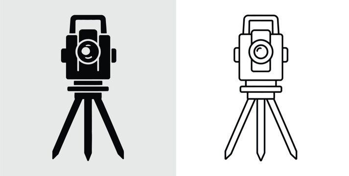 A set of two icons representing surveying equipment, featuring a total station or theodolite mounted on a tripod, shown in both solid and outline styles.