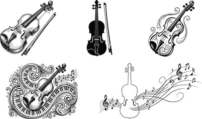 Violin and piano keys vector set musical instruments silhouette collection decorative flourish notes icons pack isolated on white background © MdShoriful