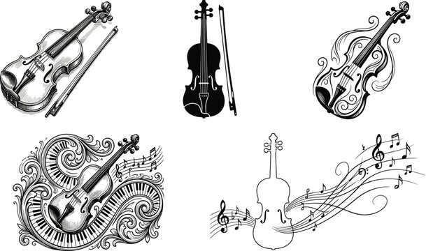Violin and piano keys vector set musical instruments silhouette collection decorative flourish notes icons pack isolated on white background