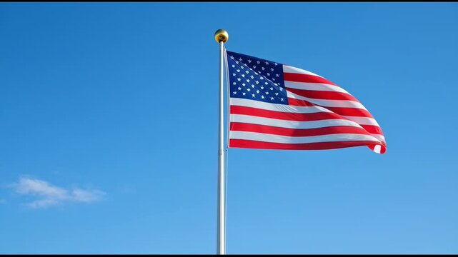 American Flag Waving Proudly Against a Clear Blue Sky on a Sunny Day, Symbol of Freedom