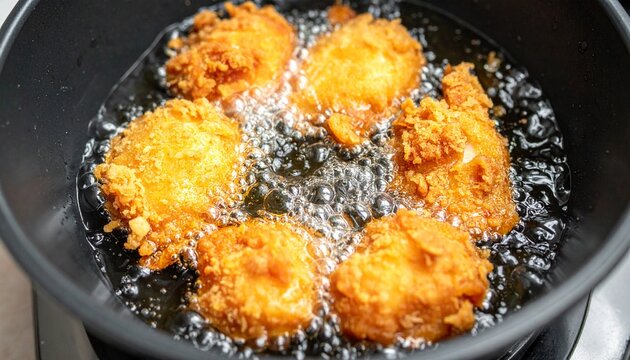 Golden brown fried chicken pieces sizzling and bubbling in hot cooking oil in a black frying pan