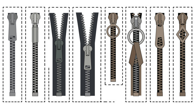Different types of zippers set for clothing accessories.