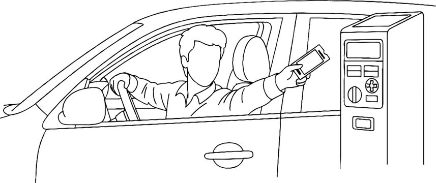 Man using electronic payment device inside car.