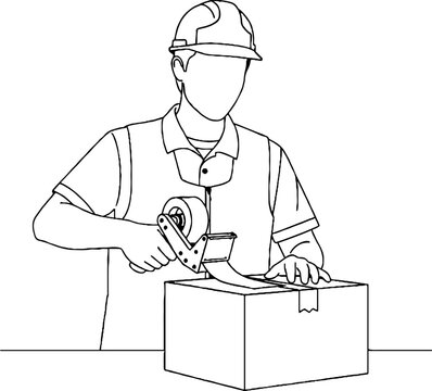 Construction worker using tape dispenser on box packaging.