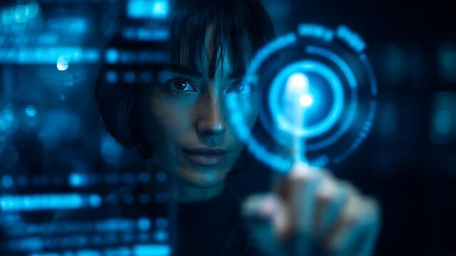 Woman interacting with a futuristic glowing holographic interface in a dark digital technology environment