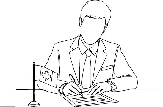 Business professional signing important documents with flag present.