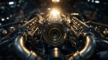 Fototapeta premium Close-up View of High-Performance Car Engine with Bright Light Highlight