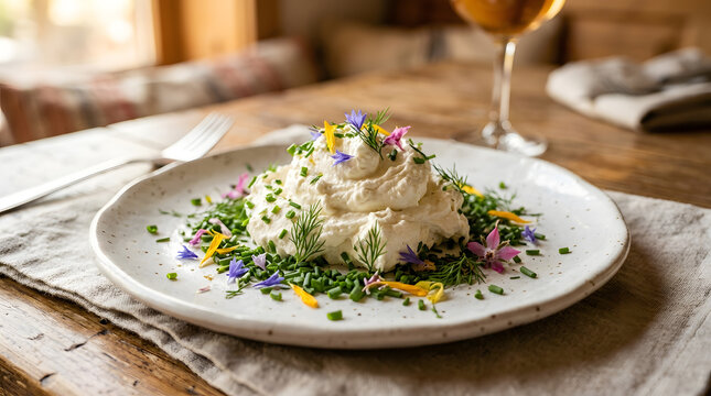 Gourmet goat cheese appetizer with edible flowers | Rustic food photography of creamy chevre dollop | Healthy herb-infused cheese starter | Fine dining culinary presentation