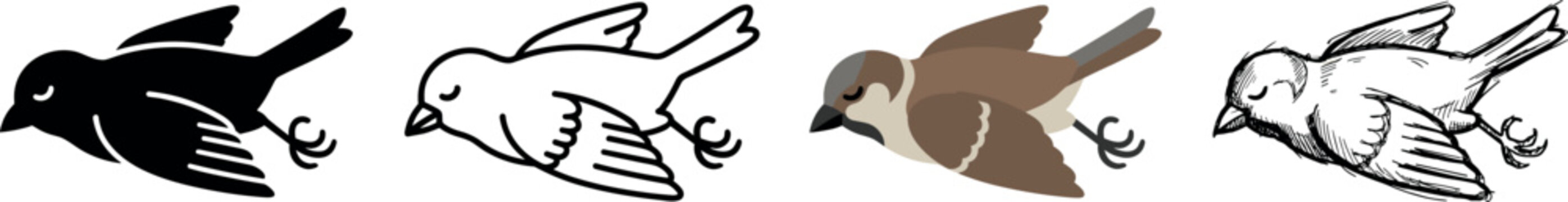 Sparrow bird in flight with wings spread and claws extended, shown in multiple styles vector illustration