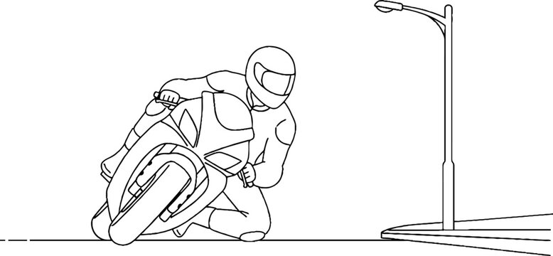 Motorcyclist leaning into sharp turn on city street.