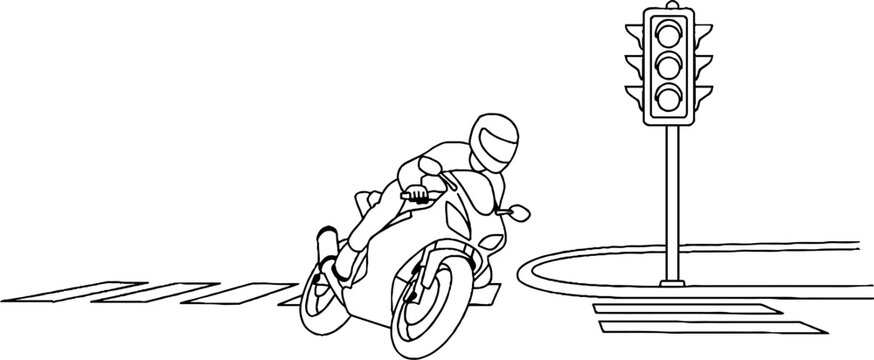 Motorcyclist leaning into sharp turn at traffic light.