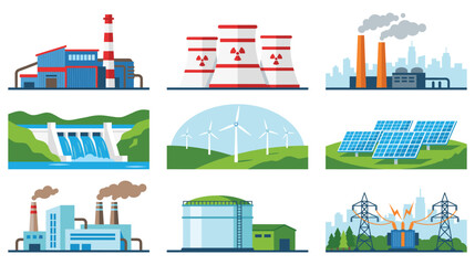 Fototapeta premium Power plants flat illustrations set for electricity production.