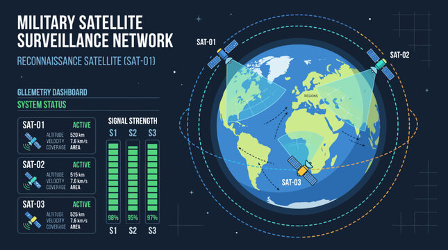 Military satellite surveillance network vector illustration with global earth orbit tracking telemetry dashboard interface