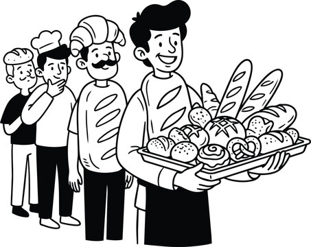man cartoon characters serving bread tray whimsy bakery and pastry people line illustration