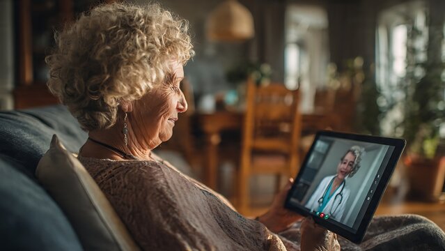 Elderly senior woman consulting with doctor online using tablet computer at home for telemedicine appointment