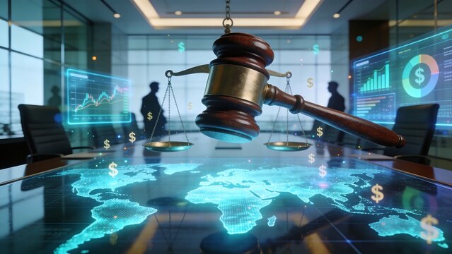 Generative AI visualizes global financial justice with digital justice symbols