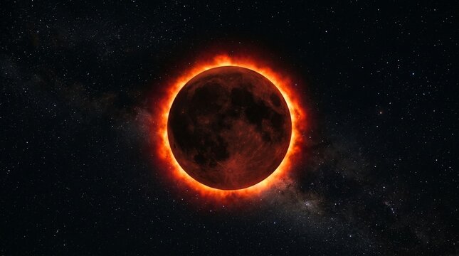 lack backdrop with dramatic full moon eclipse, fiery orange and crimson ring around dark circle, faint stars visible, celestial haunting astronomy scene