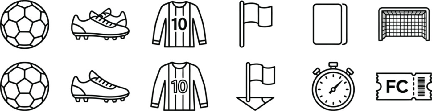 Soccer football icons set with ball, shoes, jersey, goal, flag