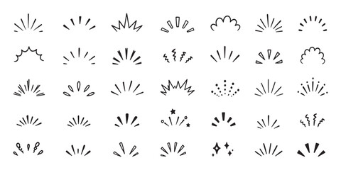 doodle line sparkle vector set, comic style decorative lines, burst effects, and dynamic radial patterns. Hand drawn pop surprise line frame for title headline illustration. Doodle sparkle and rays. © Hike Studio 2