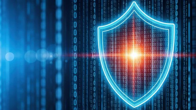Digital Shield Protection Concept with Binary Code Background and Glowing Effect