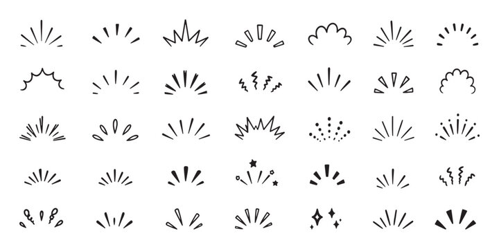 doodle line sparkle vector set, comic style decorative lines, burst effects, and dynamic radial patterns. Hand drawn pop surprise line frame for title headline illustration. Doodle sparkle and rays.