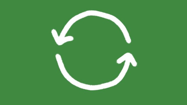 Green circular recycling loop arrows hand-drawn cartoon graphic with chalk outline refresh repeat icon isolated on green screen background for sustainable circular economy line art symbol.