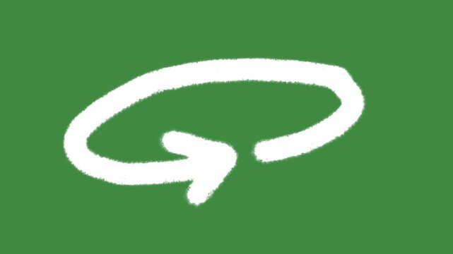 Green circular loop arrow hand-drawn cartoon graphic with chalk outline refresh return icon isolated on green screen background for recycling system line art symbol.