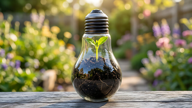 Green Plant Sprout Growing in Light Bulb on Wooden Table for Green Energy Concept
