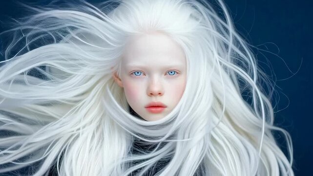 Ethereal albino woman with flowing white hair and striking blue eyes