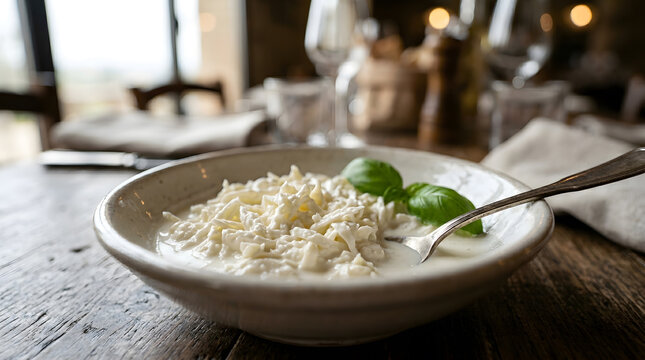 Fresh Italian stracciatella cheese in ceramic bowl | Gourmet buffalo mozzarella cream cheese appetizer | Authentic Puglia style stracciatella di bufala | Rustic restaurant table setting