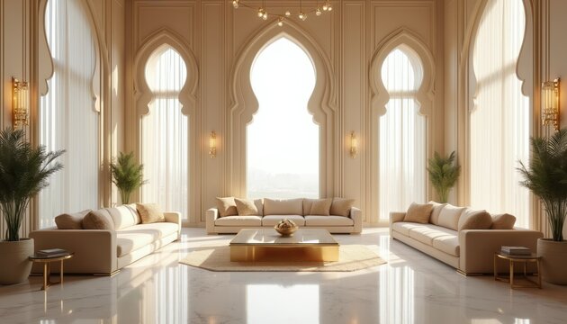Modern arabic living room with plush beige sofas and ornate arched windows. Golden accents and marble floor create luxurious ambiance. Sunlight streams through sheer curtains.