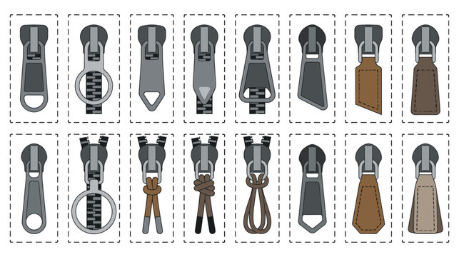 Set of different fasteners zipper pullers for clothes.