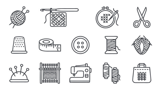 Set of 12 knitting and needlework line icons in minimalist vector style featuring uniform stroke width and organized grid layout including yarn balls, crochet hooks, scissors, pins, and thimbles.