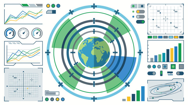 Futuristic satellite tracking dashboard vector with global earth orbit network HUD interface and data infographic charts