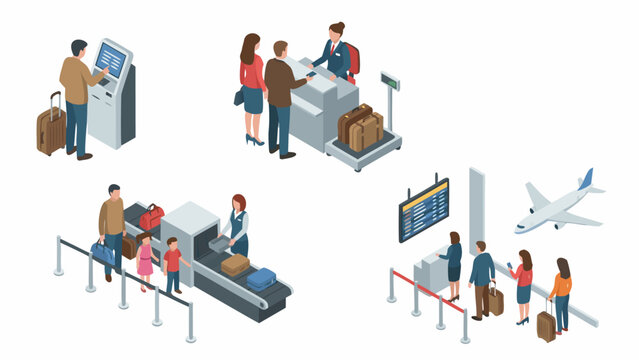 Detailed isometric vector illustration set showing four distinct airport check-in scenes with passengers and staff, capturing the busy atmosphere of travel terminals and transport hubs.