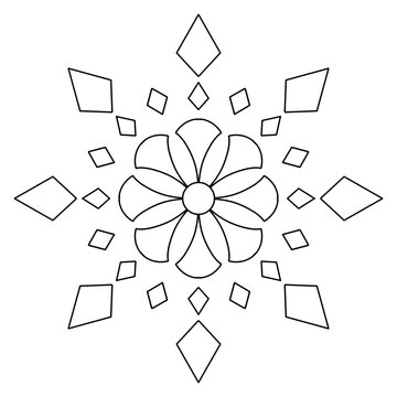 Easy flower petal mandala surrounded by obtuse squares, simple geometric coloring page for kids activity and education.