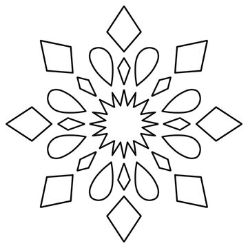 Easy mandala coloring page with teardrop and triangle shapes, simple geometric ornament line art for kids and beginners.