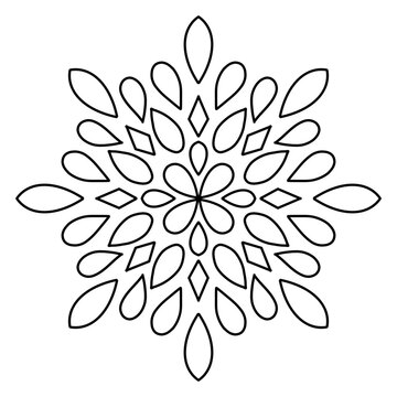 Simple circular teardrop mandala coloring page, clean line art flower ornament for preschool activity and relaxation.