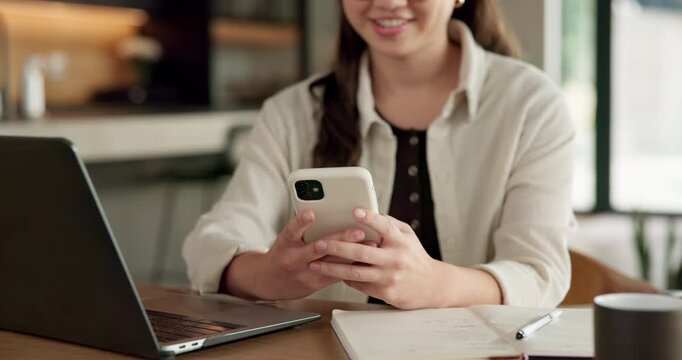 Phone, hands and businesswoman with laptop in home with remote work for email on creative project. Computer, freelancer and female magazine editor on cellphone for publishing approval in house.