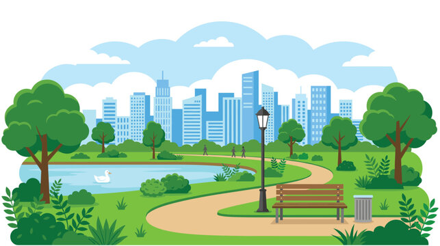 City park with pond lake trees benches and cityscape background.