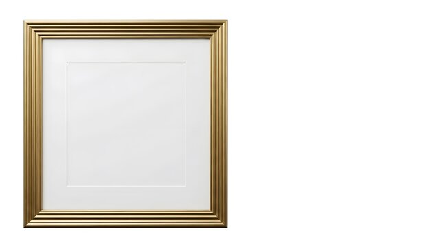 Elegant minimalist satin gold picture frame with a white passe-partout mount isolated on a white background, featuring a ribbed metallic texture and empty space for custom mockups.