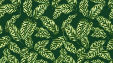 Fototapeta premium Seamless calathea leaf pattern on dark green background
