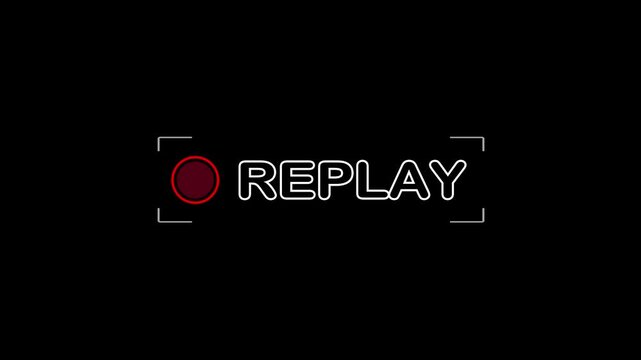 Minimalist digital displaying the word REPLAY in white neon outline with a red circle record indicator and white corner brackets on a pure black background representing a playback interface or