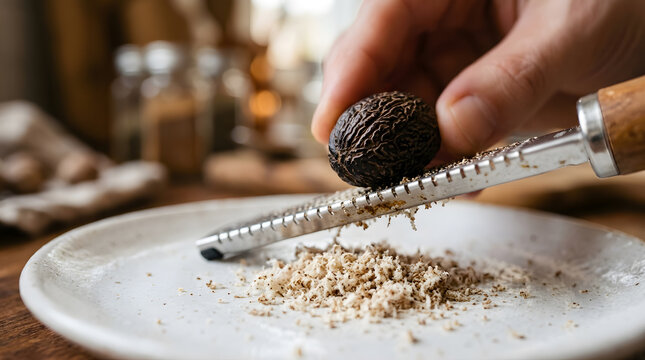 Grating whole nutmeg with a microplane | Freshly ground spices for baking | Culinary preparation of aromatic whole nutmeg | Hand grating spice on a white ceramic plate