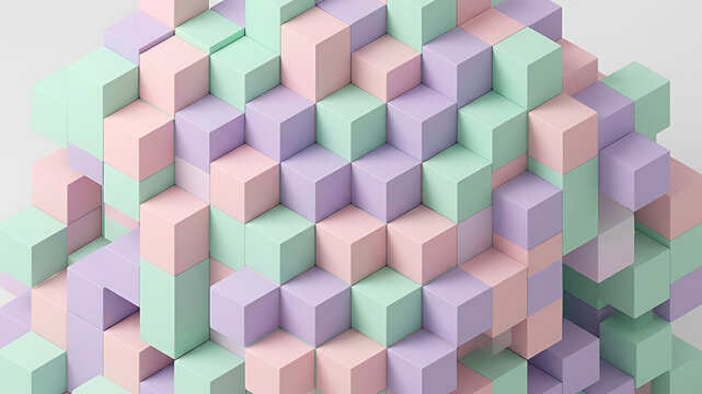 Abstract 3D Geometric Cube Pattern Background in Pastel Pink Mint and Purple