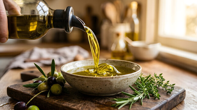 Pouring extra virgin olive oil into bowl | Fresh organic olives and herbs on rustic board | Culinary healthy cooking ingredients close up | Mediterranean diet food photography