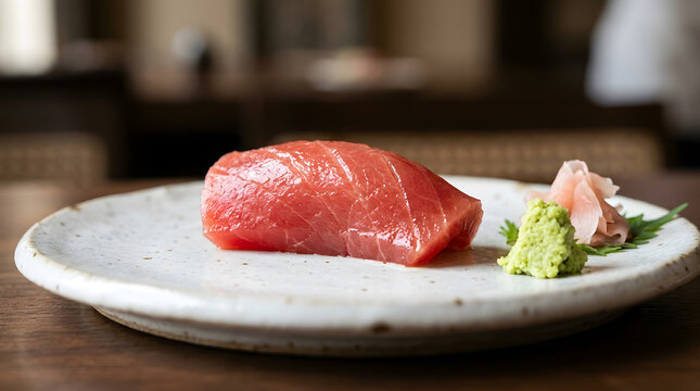 Fresh bluefin tuna sashimi | Premium Japanese sushi appetizer | Raw tuna steak on ceramic plate | Gourmet seafood dining experience