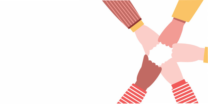 Multiple hands joining together flat vector illustration on white background