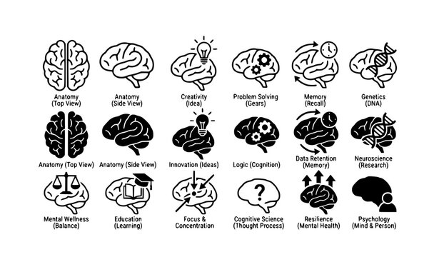 Human brain line art icons with cognitive and neuroscience symbols